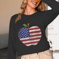 American Flag Teachers Students Apple 4th Of July Vintage Women Long Sleeve T-Shirt, novelty gifts, funny gifts