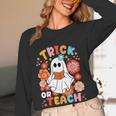 Groovy Halloween Trick Or Teach Retro Floral Ghost Teacher For Men Women Kids Women Long Sleeve T-Shirt, novelty gifts, funny gifts Groovy Halloween Trick Or Teach Retro Floral Ghost Teacher For Men Women Kids Women Long Sleeve T-Shirt, novelty gifts, funny gifts