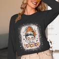 Messy Bun Spooky Teacher Bleached Halloween Teachers Women Long Sleeve T-Shirt, novelty gifts, funny gifts