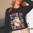 Retro Floral Ghost Trick Or Teach Groovy Teacher Halloween Women Long Sleeve T-Shirt, novelty gifts, funny gifts