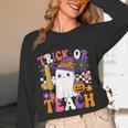 Trick Or Teach Teacher Pencil Ghost Halloween Teacher Women Long Sleeve T-Shirt, novelty gifts, funny gifts