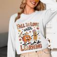 Retro Fall In Love With Learning Autumn Pumpkin Teacher Kids Women Long Sleeve T-Shirt, novelty gifts, funny gifts