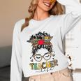 Teacher Life Messy Bun Glasses Leopard Sunflower Women Long Sleeve T-Shirt, novelty gifts, funny gifts
