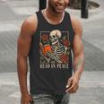 Read In Peace Skeleton Reading Book Halloween Teacher Men Tank Top, funny gift Read In Peace Skeleton Reading Book Halloween Teacher Men Tank Top, funny gift