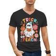 Groovy Halloween Trick Or Teach Retro Floral Ghost Teacher For Men Women Kids Men's V-Neck T-Shirt, Groovy Teacher Gifts, trending gift