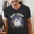 Boo Jour Ghost Halloween French Teacher Cute Coffe Croissant Men's V-Neck T-Shirt, funny gift