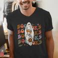 Booooks Ghost Halloween Groovy Vintage Teacher Book Reading Men's V-Neck T-Shirt, Groovy Teacher Shirts, funny gift Booooks Ghost Halloween Groovy Vintage Teacher Book Reading Men's V-Neck T-Shirt, Groovy Teacher Shirts, funny gift