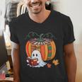 Fall Book Pumpkin Ghost Reading Books Halloween Teacher Men's V-Neck T-Shirt, funny gift Fall Book Pumpkin Ghost Reading Books Halloween Teacher Men's V-Neck T-Shirt, funny gift