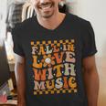 Fall In Love With Music Groovy Thanksgiving Music Teacher Men Women Girls Kids Men's V-Neck T-Shirt, Groovy Teacher Shirts, funny gift