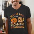 Fall In Love With Reading Book Autumn Pumpkins And Teachers Men's V-Neck T-Shirt, funny gift