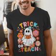 Groovy Halloween Trick Or Teach Retro Floral Ghost Teacher For Men Women Kids Men's V-Neck T-Shirt, Groovy Teacher Shirts, funny gift