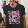 Groovy Teacher Cute Coquette Bow Flower Retro Back To School Men's V-Neck T-Shirt, Groovy Teacher Shirts, funny gift