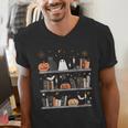 Halloween Library Ghost Books Teacher Spooky Trick Or Teach Men's V-Neck T-Shirt, funny gift
