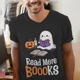 Halloween Teacher Women Cute Reading Ghost Read More Books Men's V-Neck T-Shirt, funny gift