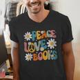 Peace Love Books Bookworm Librarian Reading Teacher Groovy Men's V-Neck T-Shirt, Groovy Teacher Shirts, funny gift