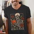 Read In Peace Skeleton Reading Book Halloween Teacher Men's V-Neck T-Shirt, funny gift