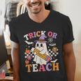 Retro Floral Ghost Trick Or Teach Groovy Teacher Halloween Men's V-Neck T-Shirt, Groovy Teacher Shirts, funny gift
