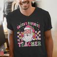 Santa's Favorite Teacher Groovy Christmas Teacher Boys Girls Men's V-Neck T-Shirt, Groovy Teacher Shirts, funny gift
