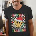 Santas Favorite Teacher Retro Groovy Smile Face Christmas Men's V-Neck T-Shirt, Groovy Teacher Shirts, funny gift