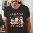 Teacher Halloween Trick Or Teach Cute Ghost Coffee Pumpkins Men's V-Neck T-Shirt, funny gift