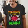 Teacher Teachers Love Brains Skeleton Hand Heart Halloween Men's V-Neck T-Shirt, funny gift