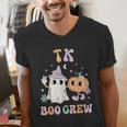 TK Boo Crew Retro Groovy Halloween Floral Ghost TK Teacher Men Women Kids Men's V-Neck T-Shirt, Groovy Teacher Shirts, funny gift