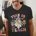Trick Or Teach Groovy Teacher Halloween Retro Teacher Ghost Men's V-Neck T-Shirt, Groovy Teacher Shirts, funny gift