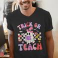 Trick Or Teach Halloween Teacher Floral Ghost Groovy Men's V-Neck T-Shirt, Groovy Teacher Shirts, funny gift Trick Or Teach Halloween Teacher Floral Ghost Groovy Men's V-Neck T-Shirt, Groovy Teacher Shirts, funny gift
