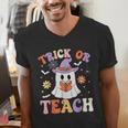 Trick Or Teach Teacher Groovy Ghost Halloween Teacher Men's V-Neck T-Shirt, Groovy Teacher Shirts, funny gift
