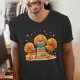 Turkey Read Books Reading Fall Thanksgiving Teacher Men's V-Neck T-Shirt, funny gift