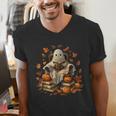 Vintage Ghost Book Reading Pumpkin Gothic Halloween Teachers Men Women Kids Men's V-Neck T-Shirt, funny gift