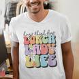 Soul Bleach Teacher Staff First Day Of School Last Hugs & High Fives Lunch Lady Vibes Blue Classic Fit Men's V-Neck T-Shirt, funny gift Soul Bleach Teacher Staff First Day Of School Last Hugs & High Fives Lunch Lady Vibes Blue Classic Fit Men's V-Neck T-Shirt, funny gift