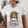 STEM Teacher Messy Bun Fall Vibes Autumn Thanksgiving Men Women Men's V-Neck T-Shirt, funny gift