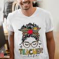 Teacher Life Messy Bun Glasses Leopard Sunflower Men's V-Neck T-Shirt, funny gift