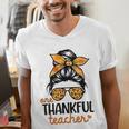 Thanksgiving Shirt Teacher Women Messy Bun Thankful Teacher Men's V-Neck T-Shirt, funny gift Thanksgiving Shirt Teacher Women Messy Bun Thankful Teacher Men's V-Neck T-Shirt, funny gift