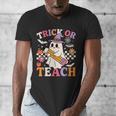 Retro Floral Ghost Trick Or Teach Groovy Teacher Halloween Men's V-Neck T-Shirt, Groovy Teacher Gifts, funny design