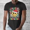 Santas Favorite Teacher Retro Groovy Smile Face Christmas Men's V-Neck T-Shirt, Groovy Teacher Gifts, funny design