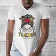 Teacher Life Messy Bun Glasses Leopard Sunflower Men's V-Neck T-Shirt, funny design