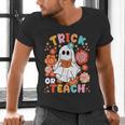 Groovy Halloween Trick Or Teach Retro Floral Ghost Teacher For Men Women Kids Men's V-Neck T-Shirt, Groovy Teacher Shirts, gift for family, gift for coworker