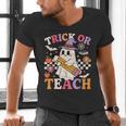 Retro Floral Ghost Trick Or Teach Groovy Teacher Halloween Men's V-Neck T-Shirt, Groovy Teacher Shirts, gift for family, gift for coworker