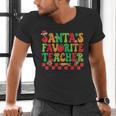 Santas Favorite Teacher Retro Groovy Christmas Xmas Women Men's V-Neck T-Shirt, Groovy Teacher Shirts, gift for family, gift for coworker Santas Favorite Teacher Retro Groovy Christmas Xmas Women Men's V-Neck T-Shirt, Groovy Teacher Shirts, gift for family, gift for coworker