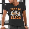 Teacher Halloween Trick Or Teach Retro Groovy Floral Ghost Men's V-Neck T-Shirt, Groovy Teacher Shirts, gift for family, gift for coworker