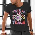 Trick Or Teach Halloween Teacher Floral Ghost Groovy Men's V-Neck T-Shirt, Groovy Teacher Shirts, gift for family, gift for coworker Trick Or Teach Halloween Teacher Floral Ghost Groovy Men's V-Neck T-Shirt, Groovy Teacher Shirts, gift for family, gift for coworker
