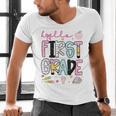 Hello First Grade Teacher Coquette Pencil Bow Back To School Men's V-Neck T-Shirt, First Grade Teacher Shirts, gift for family, gift for coworker