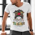Teacher Life Messy Bun Glasses Leopard Sunflower Men's V-Neck T-Shirt, gift for family, gift for coworker