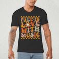 Fall In Love With Music Groovy Thanksgiving Music Teacher Men Women Girls Kids Men's V-Neck T-Shirt, novelty gifts, funny gifts