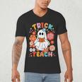 Groovy Halloween Trick Or Teach Retro Floral Ghost Teacher For Men Women Kids Men's V-Neck T-Shirt, novelty gifts, funny gifts