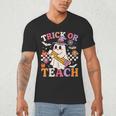 Retro Floral Ghost Trick Or Teach Groovy Teacher Halloween Men's V-Neck T-Shirt, novelty gifts, funny gifts
