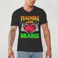 Teacher Teachers Love Brains Skeleton Hand Heart Halloween Men's V-Neck T-Shirt, novelty gifts, funny gifts