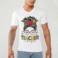 Teacher Life Messy Bun Glasses Leopard Sunflower Men's V-Neck T-Shirt, novelty gifts, funny gifts